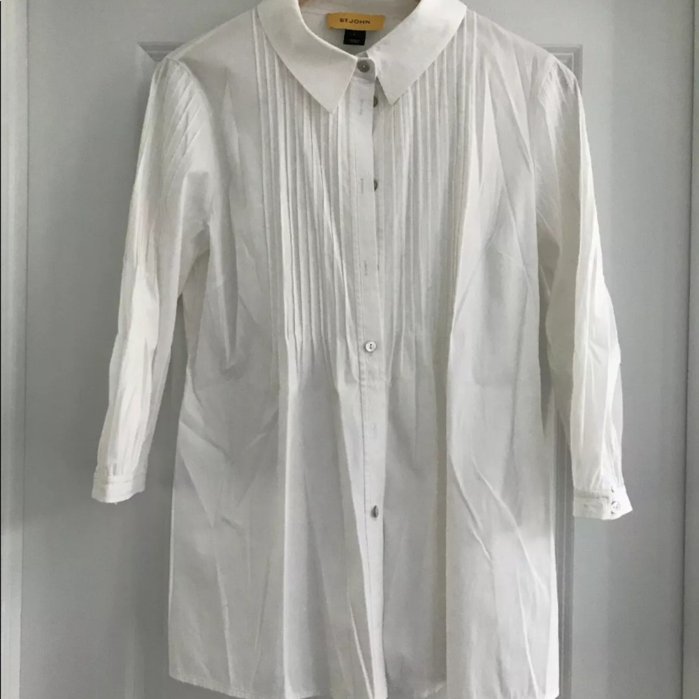 ST JOHN Pristine White Pleated Button Up Shirt